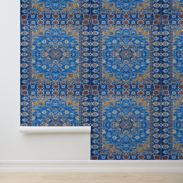 60s Blauw Turks Perzisch patroon schil en stok Behang (Applicatie)