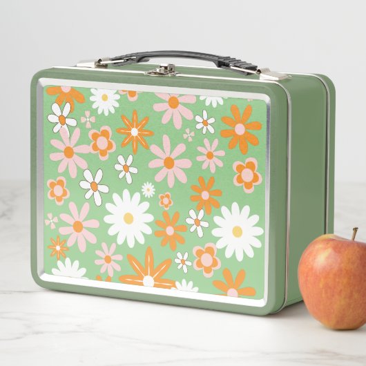 60s Retro Kitchen Flower Avocado Metal Lunch Box (In situ)