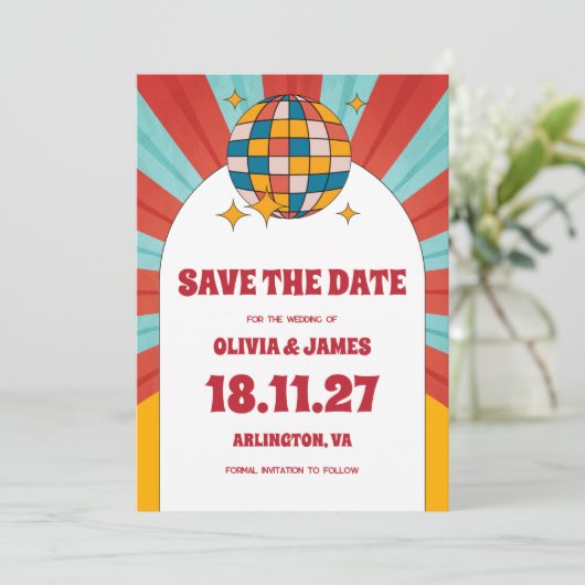 60s Retro Vinyl Muziek Bruiloft Save The Date Kaart (Staand voorkant)