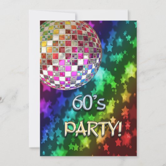 60s uitnodiging met discobal en regenboog van ster (Voorkant)