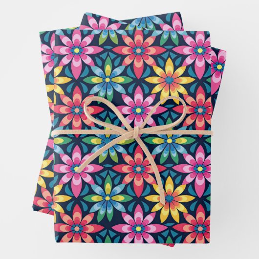 60s Vibe Mod Daisies All-over Print Inpakpapier Vel (In situ)