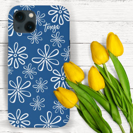 60s Vibe Retro White en Blue Floral iPhone 13 Hoesje