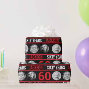 60ste aangepaste foto verjaardag rood en zwart cadeaupapier