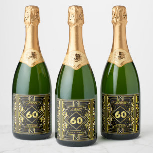 60ste verjaardag Art Deco Gold Black Grote Gatsby Sparkling Wijnetiket