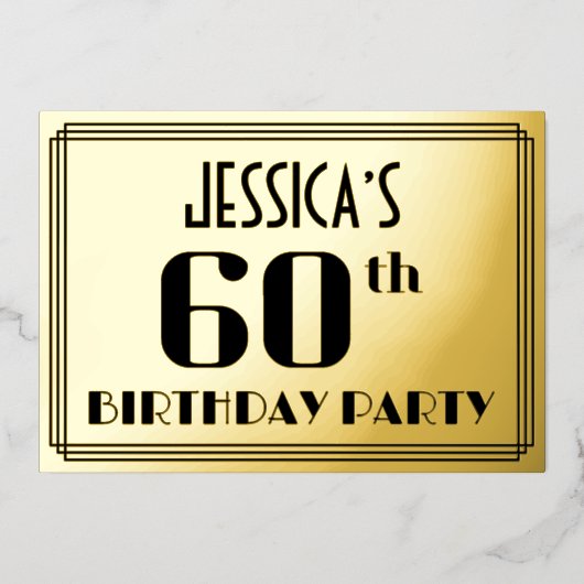 60ste verjaardag: Art Deco Kijk "60" en naam Folie Uitnodiging (Voorkant)