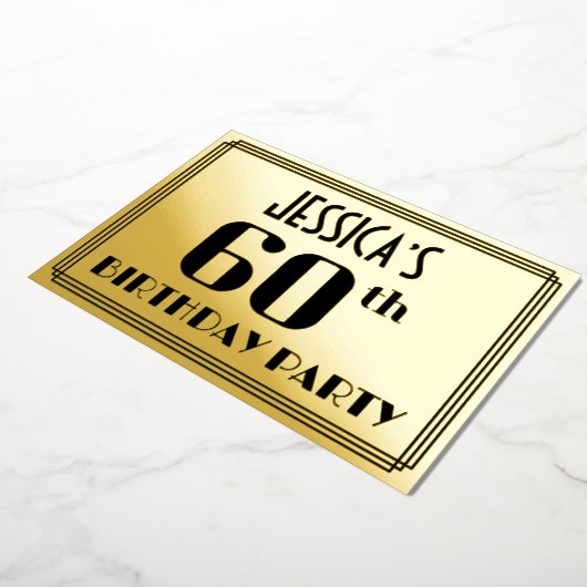 60ste verjaardag: Art Deco Kijk "60" en naam Folie Uitnodiging (Gedraaid)