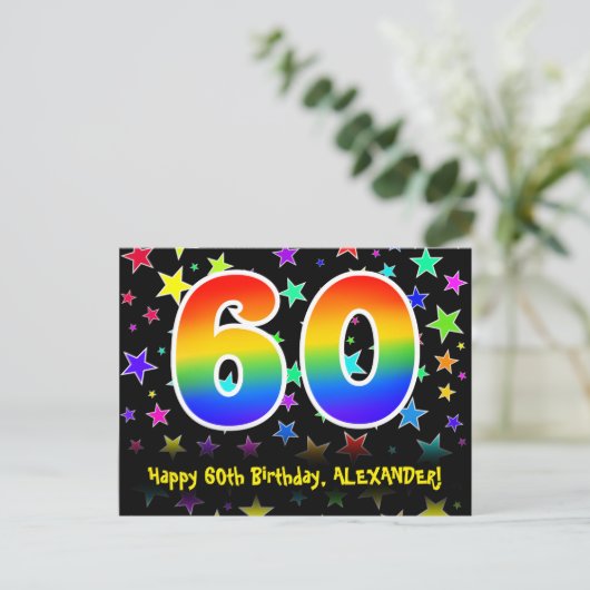 60ste verjaardag: Fun Stars Pattern, Rainbow 60, N Briefkaart (Staand voorkant)