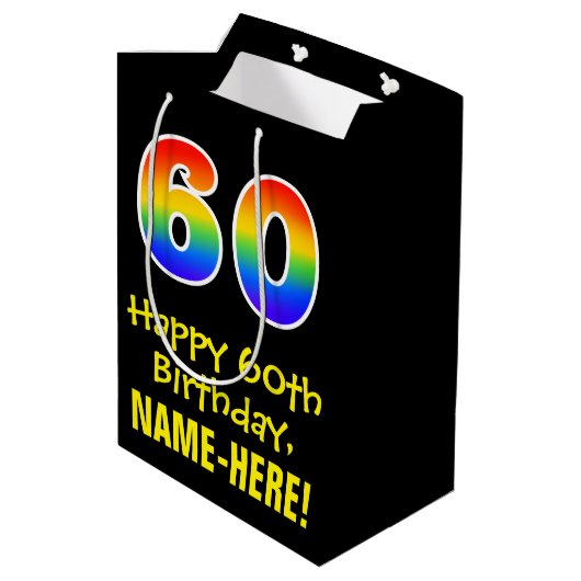 60ste verjaardag: Leuk, Vet, Kleurrijk, Regenboog Medium Cadeauzakje (Achterkant Gekanteld)