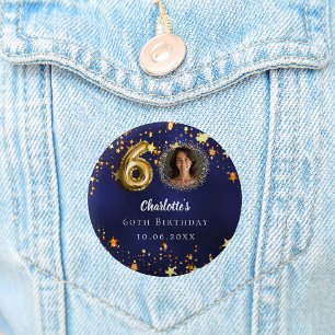 60ste verjaardag marineblauw gouden sterren foto ronde button 5,7 cm