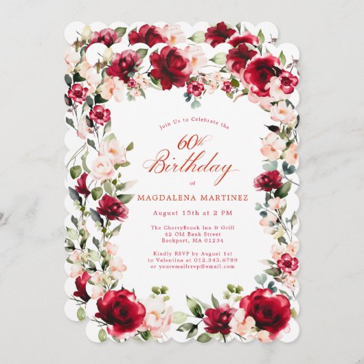 60ste verjaardag Red Rose Pink Peony Bloemen Kaart (Voorkant / Achterkant)
