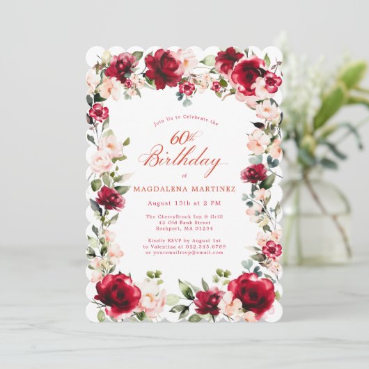 60ste verjaardag Red Rose Pink Peony Bloemen Kaart (Staand voorkant)