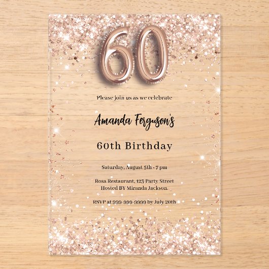 60ste verjaardag roos Gold Clear Party Acryl Uitnodigingen (Voorkant)