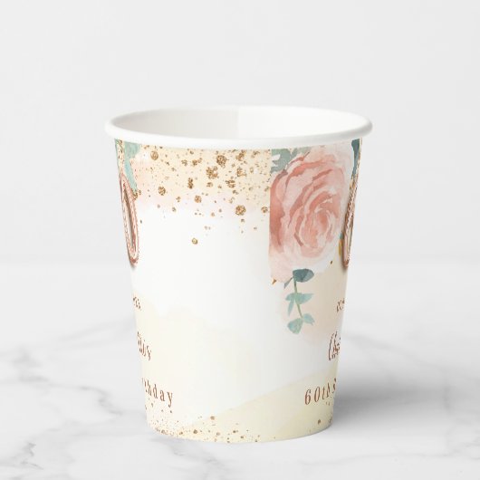 60ste verjaardag roos gouden florale glitter golde papieren bekers (Links)