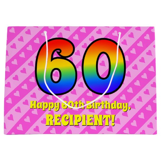 60ste verjaardag: roze strepen & harten, regenboog groot cadeauzakje (Voorkant)