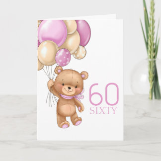 60ste verjaardag schattige roze ballonnen teddykaa kaart