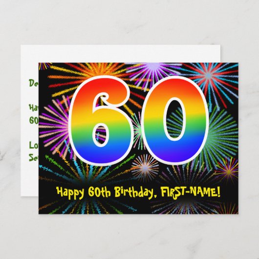 60ste verjaardag - Vuurwerk Pattern + Regenboog 60 Briefkaart (Voorkant / Achterkant)