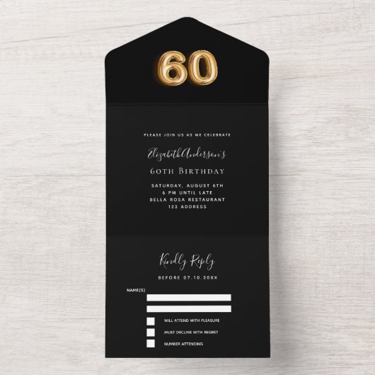60ste verjaardag zwart goud rsvp all in one uitnodiging (Binnen)