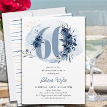 60ste verjaardagsfeest kustblauw bloemmotief numme