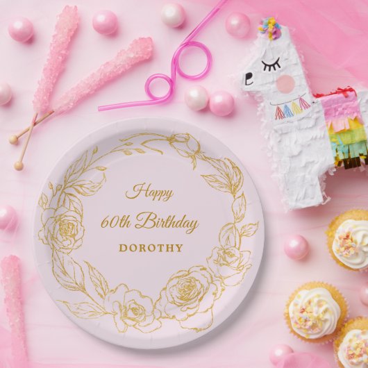 60ste verjaardagsfeestje Luxe Goud Roos Bloemenroz Papieren Bordje (Feest)