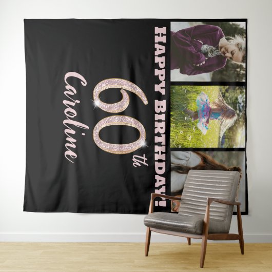 60ste verparty, roze gouden glitter & 3 foto's wandkleed (In Situ (horizontaal))