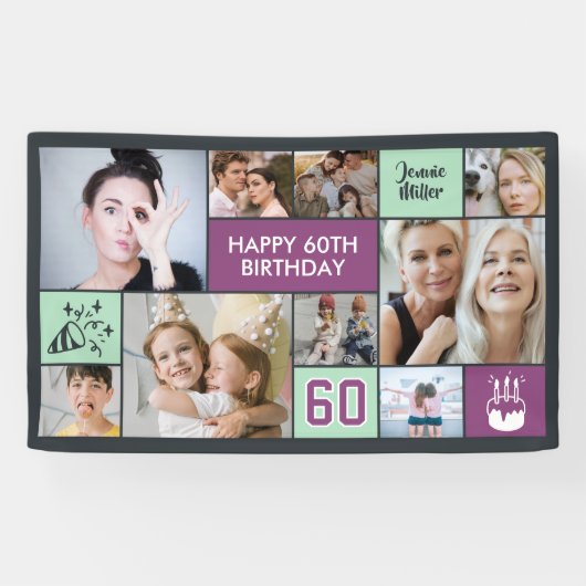 60th Birthday Custom Photo Collage Purple Green Spandoek (Horizontaal)