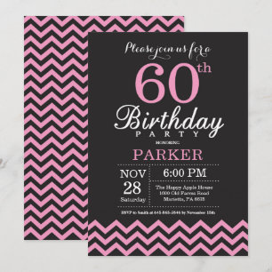 60th Birthday Invitation Black and Pink Chevron Kaart