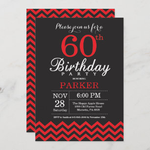 60th Birthday Invitation Black and Red Kaart
