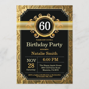 60th Birthday Invitation Black en Gold Glitter Kaart