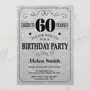 60th Birthday Invitation Black en Silver Glitter Kaart