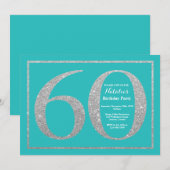 60th Birthday Invitation Blauwgroen en Silver Glit Kaart (Voorkant / Achterkant)