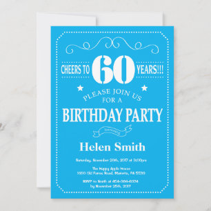 60th Birthday Invitation Blue and White Kaart
