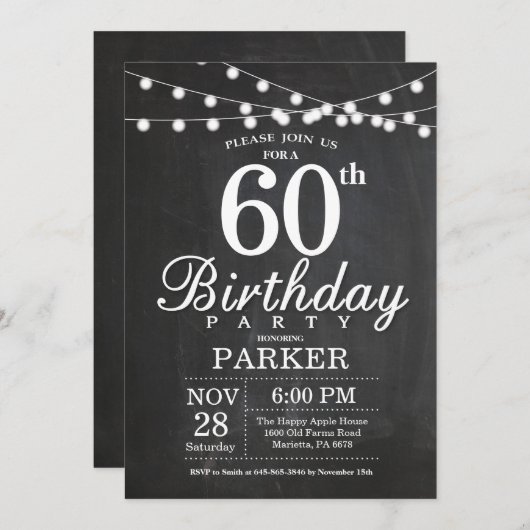 60th Birthday Invitation Chalkboard String Lights Kaart (Voorkant / Achterkant)