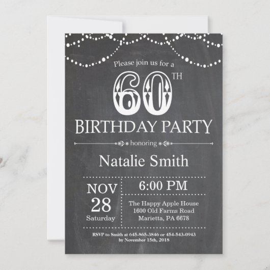 60th Birthday Invitation Chalkboard String Lights Kaart (Voorkant)
