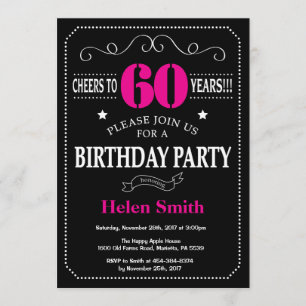 60th Birthday Invitation Hot Pink Black Chalkboard Kaart