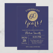 60th Birthday Invitation Navy and Gold Glitter Kaart (Voorkant / Achterkant)