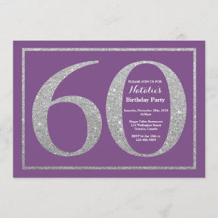 60th Birthday Invitation Paars and Silver Glitter Kaart