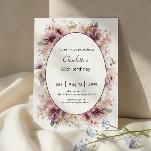 60th Birthday Invitation Purple Floral Watercolor