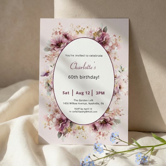 60th Birthday Invitation Purple Floral Watercolor