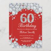 60th Birthday Invitation Red en Silver Diamond Kaart (Voorkant / Achterkant)