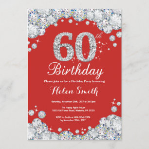60th Birthday Invitation Red en Silver Diamond Kaart