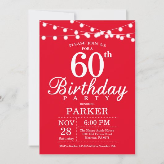 60th Birthday Invitation Red Kaart (Voorkant)