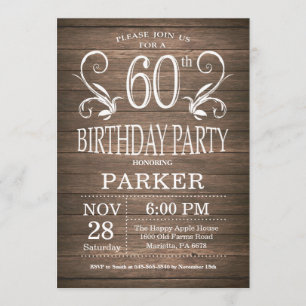 60th Birthday Invitation Rustic Wood Floral Kaart