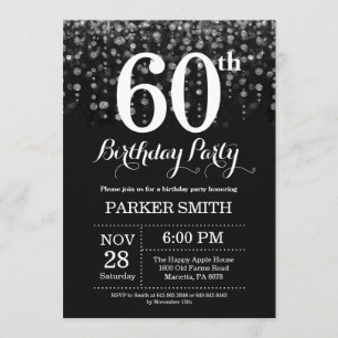 60th Birthday Invitation Silver Glitter Kaart