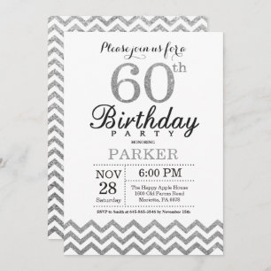 60th Birthday Invitation Silver Glitter Kaart
