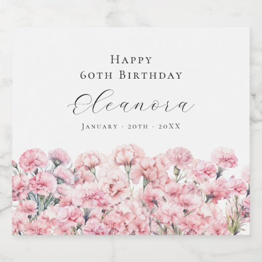 60th Birthday January Birth Flower Carnation Sparkling Wijnetiket (Enkel label)