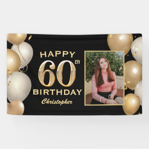 60th Birthday Party Black and Gold Balloons Foto Spandoek