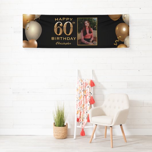60th Birthday Party Black and Gold Balloons Foto Spandoek (Insitu)