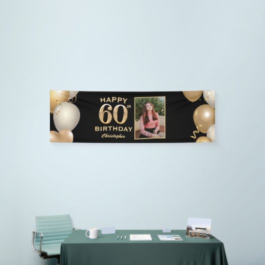 60th Birthday Party Black and Gold Balloons Foto Spandoek (Beurs)