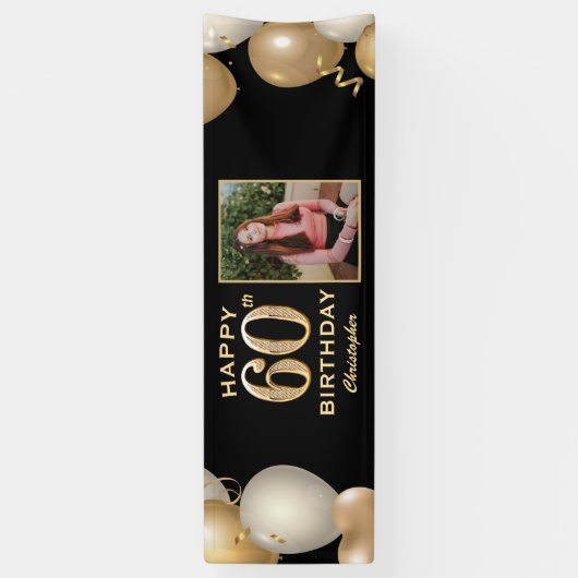 60th Birthday Party Black and Gold Balloons Foto Spandoek (Verticaal)