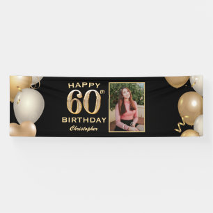 60th Birthday Party Black and Gold Balloons Foto Spandoek
